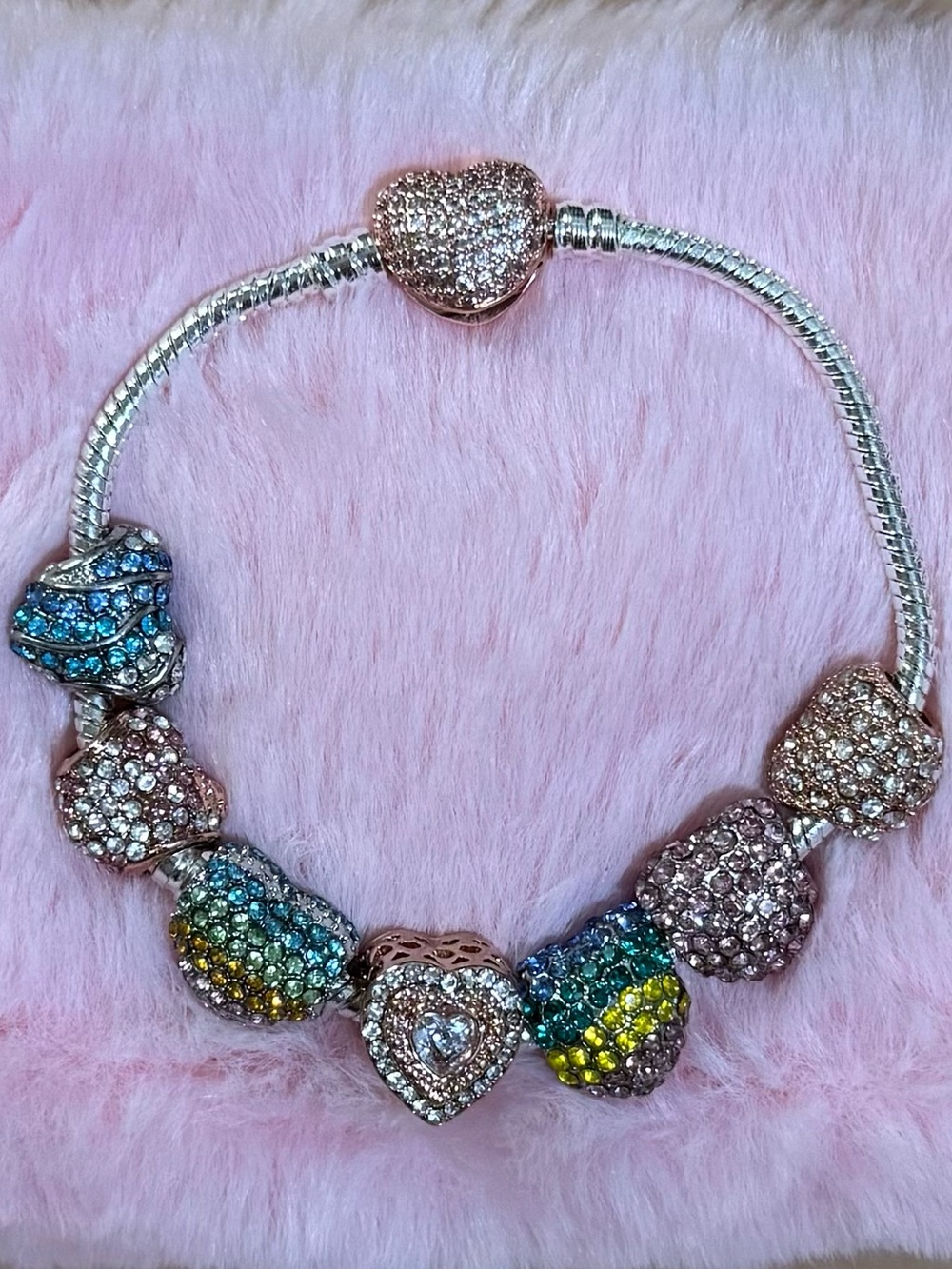 Gold Sparkling Multi-Color Crystal Heart Snake Chain Bracelet 18CM / 7”